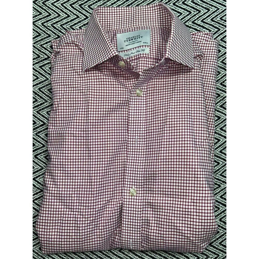 Charles Tyrwhitt Red & White Gingham Men's Button-Up Dress Shirt Tailored Fit 17
